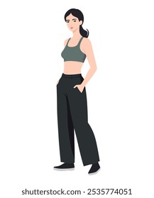 Vector illustration of a girl in a stylish summer look with a gray crop top and black pants for warm weather. Simple casual