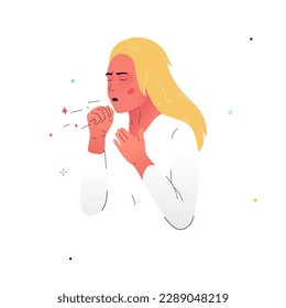 Vector illustration of a girl suffering from a cough. A woman, pressing her hands to her chest, feels discomfort in her chest. Cough is a symptom of allergies, pneumonia, colds, flu, COVID-19, cancer.