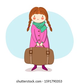 Vector illustration: girl with suitcase.