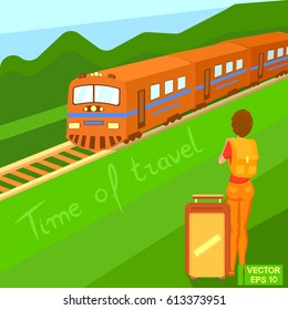 Vector illustration. A girl with a suitcase is waiting on the platform. The train arrives. Traveling by train