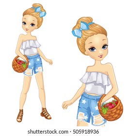 Vector illustration of girl in summer top and denim shorts holding basket of strawberries