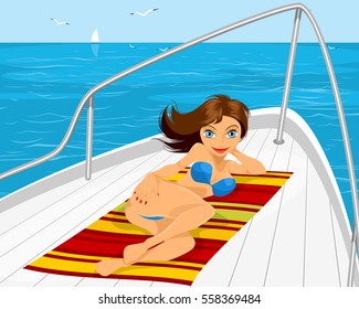 Vector illustration of a girl sunbathing on yacht