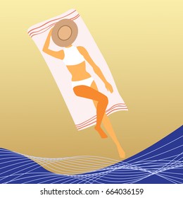Vector illustration girl sunbathing on the beach