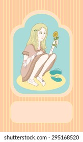 Vector illustration. Girl with sunflower. Greeting card with copy space