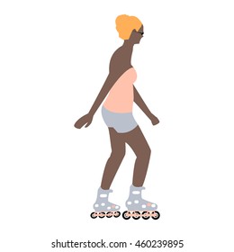 Vector illustration of a girl in sunglasses riding on roller skates in the summer flat style