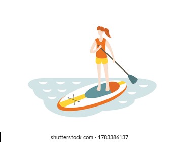 Vector illustration of girl sup surfing in the sea. Sup standup paddleboarding.