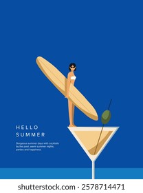 Vector illustration. Girl with surfboard, cocktail, party. Hello summer. poster, banner, postcard, cover. Modern style.