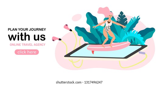 Vector illustration of a girl surfer. Creative banner, landing page, flyer in a flat style for travel agency or tour operator.
