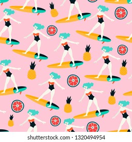 Vector illustration of a girl surfer with fruits on a pink background. Seamless pattern that can be used for wrapping, fabric, textile and interior decor. Summer theme background.