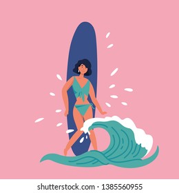 Vector illustration of girl surfer standing with a surfboard and waves cover. Summer