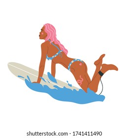 Vector illustration girl surfing on the surfboard. Inspirational women illustration