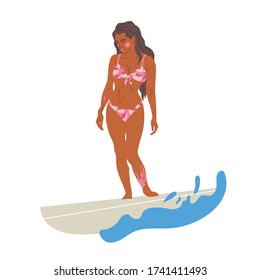 Vector illustration girl surfing on the longboard. Inspirational women illustration