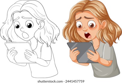 Ilustración vectorial de una niña sorprendida por el contenido de la tableta