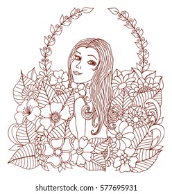 Vector illustration a girl surrounded by a flowers looking back. Work done by hand. Book Coloring anti-stress for adults and children.Brown and white
