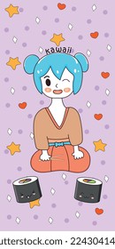 Vector illustration - a girl and sushi on a lilac background