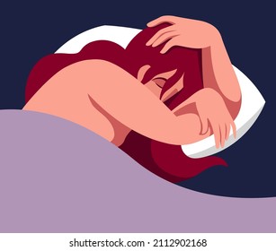 vector illustration of a girl sweetly sleeping in bed with her hair scattered on the pillow in pastel colors on a dark background. useful for advertising bed linen, pillows, sleeping pills, sedatives