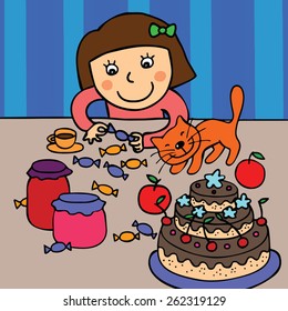 vector illustration girl with sweets and ginger cat eps10