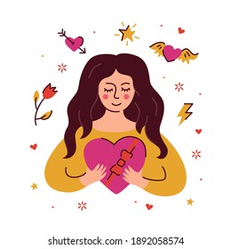 Vector Illustration Of A Girl With Sweets For Valentine's Day. Suitable For Greeting Cards, Valentines, Prints And Candy Store Advertisements.