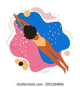 Ilustración vectorial con una nadadora en traje de baño sobre fondo abstracto con objetos de doodle. Diseño inspirador para impresión, topografía, afiche, pancarta, pegatina, tarjeta