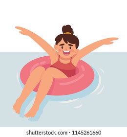 vector illustration of a girl swimming with swimming ring, a happy girl play on water