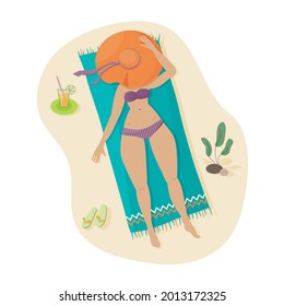 Vector illustration of a girl in a swimsuit with a hat on the beach. Summer rest.