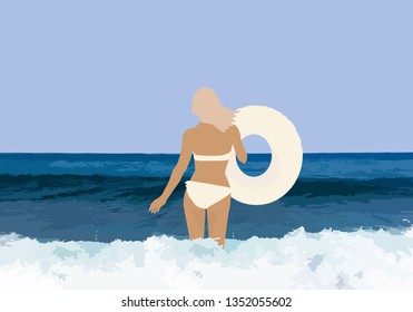 Vector illustration. Girl in a swimsuit with an inflatable ring on the sea background.