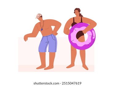 Vector illustration with a girl in a swimsuit with an inflatable circle and a guy in shorts and a cap. Image for design with elements of summer entertainment