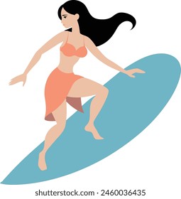 Vector illustration of a girl in a swimsuit surfing on a surfboard