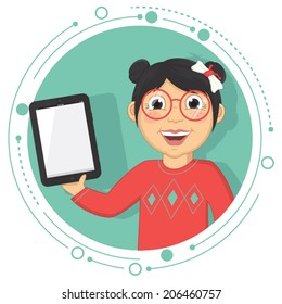 Vector Illustration Of A Girl With A Tablet