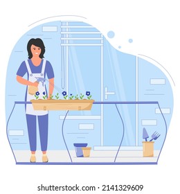 Vector illustration Girl takes care of houseplants. Woman sprays water to flowers in a pot from spray bottle. Home gardening. Floriculture. Seedlings. Growing flowers. Garden tools.