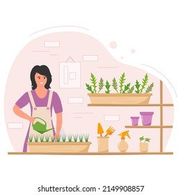 Vector illustration Girl takes care of houseplants. Woman watering plants in a pot from watering can. Home gardening. Floriculture. Seedlings. Growing plants. Garden tools.