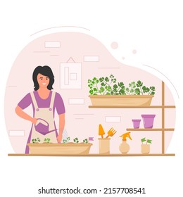 Vector illustration Girl takes care of houseplants. Woman watering plants in a pot from watering can. Home gardening. Floriculture. Seedlings. Growing plants. Garden tools.