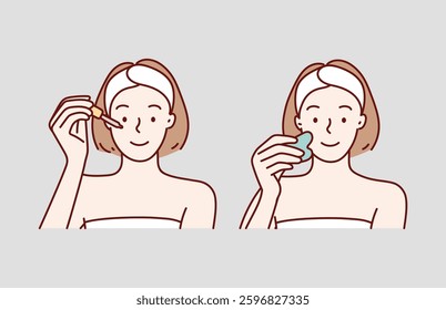 vector illustration, girl takes care of facial skin