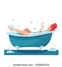 Vector illustration of a girl taking a bath. woman relaxes in a bubble bath