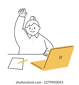 Eine Vektorgrafik eines Mädchens, das eine Klasse mit einem Laptop besucht. Sie hebt die Hand, um zu antworten.