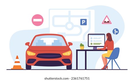 Vektorgrafik eines Mädchens, das eine Fahrprüfung durchführt. Cartoon-Szene mit einem Mädchen, das an einem Computer sitzt und eine Fahrprüfung durchführt, einem Auto, einem Parkplan, Straßenschilder einzeln auf weißem Hintergrund.