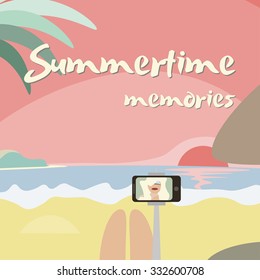 Vector illustration of girl taking her photo at beach.