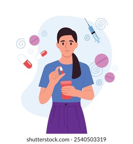 Vector illustration of a girl taking pills. Cartoon scene of a girl in a blue t-shirt, purple pants, holding pills, medicine, syringe, twisted spirals around her isolated on a white background.