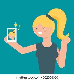 Vector illustration of a girl taking selfie with smartphone