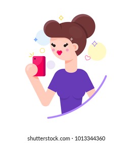Vector illustration of a girl taking a shot, selfie with her smartphone