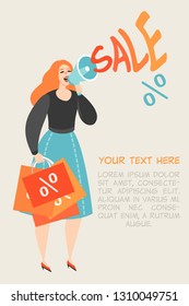 Vector illustration of a girl talking by megaphone about about big sale. Character for advertising banner or flyer