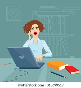 Vector illustration of a girl talking on the phone in the office