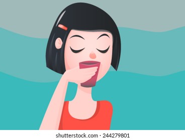 Vector illustration with a girl tasting a cup of tea.