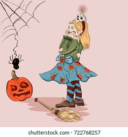 vector illustration girl teenager in a witch suit is surprised