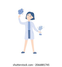 Vector illustration of girl with test tubes. Women in chemistry modern drawing. Character design, scientist.