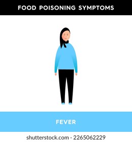 Vector illustration of a girl with a thermometer in her mouth. The person has symptoms of food poisoning. The girl was poisoned, her temperature rose. Illustration for medical articles, posters.