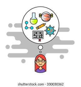 Vector illustration of girl with think bubble and science icons in it. Flat style.