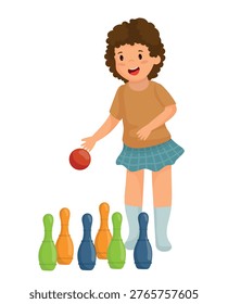Vector illustration of a girl throwing a red ball towards a set of colorful bowling pins, participating in a game of bowling and demonstrating sportsmanship.