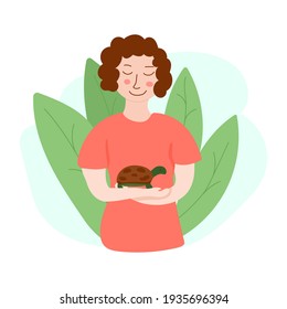 Vector illustration of girl with tortoise. Design for web-sites, flyers, banners, posters, prints, etc
