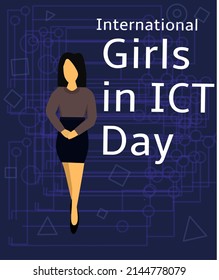 Ilustración vectorial de niñas tocando un icono de la tecnología de la información, como pancarta o afiche, Día Internacional de las Niñas en las TIC.